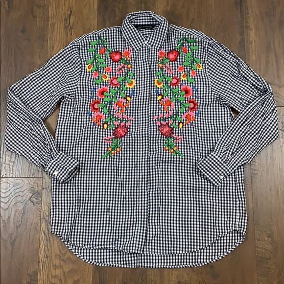Zara Gingham Plaid Embroidered Black/White Button-Down Top - Picture 2 of 6